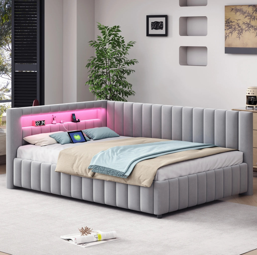 Divano letto imbottito L con LED, USB e rete a doghe, 140x200 cm