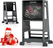 Torretta per Bambini con Protezione di Inclinazione e Regolazione di Altezza, Torre in Legno con Tavola a Doppia Faccia per Bambini
