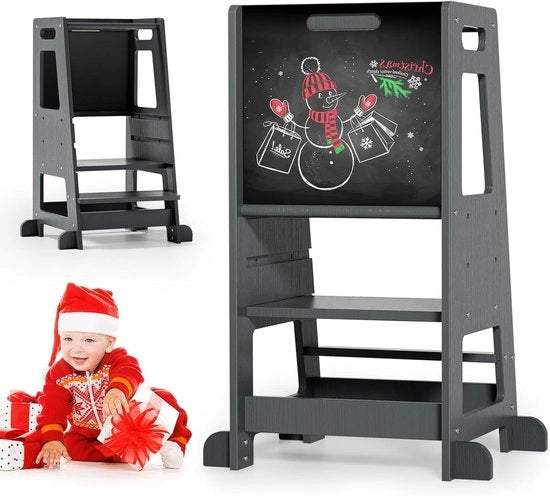 Torretta per Bambini con Protezione di Inclinazione e Regolazione di Altezza, Torre in Legno con Tavola a Doppia Faccia per Bambini