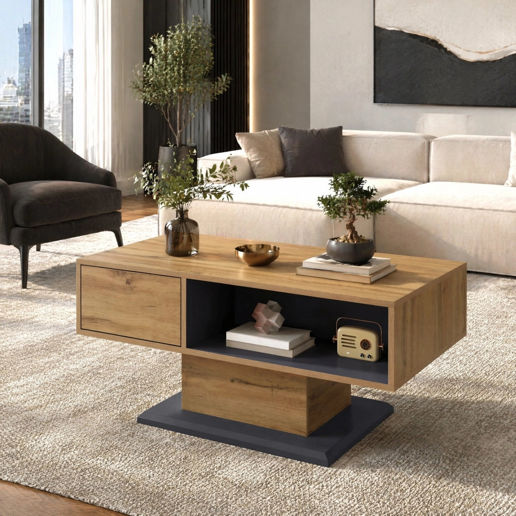 Tavolino da salotto con contenitore su due lati, vano interno, per soggiorno, in truciolare, rovere e grigio, 100 × 50 × 46,5 cm