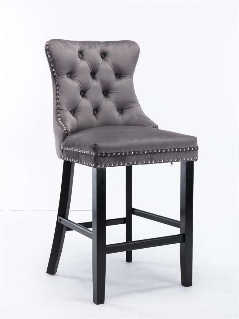 Sgabelli da bar contemporanei imbottiti in velluto con decorazione capitonn¨¦, gambe in legno e finiture con borchie cromate, stile casual, set da 2 (g