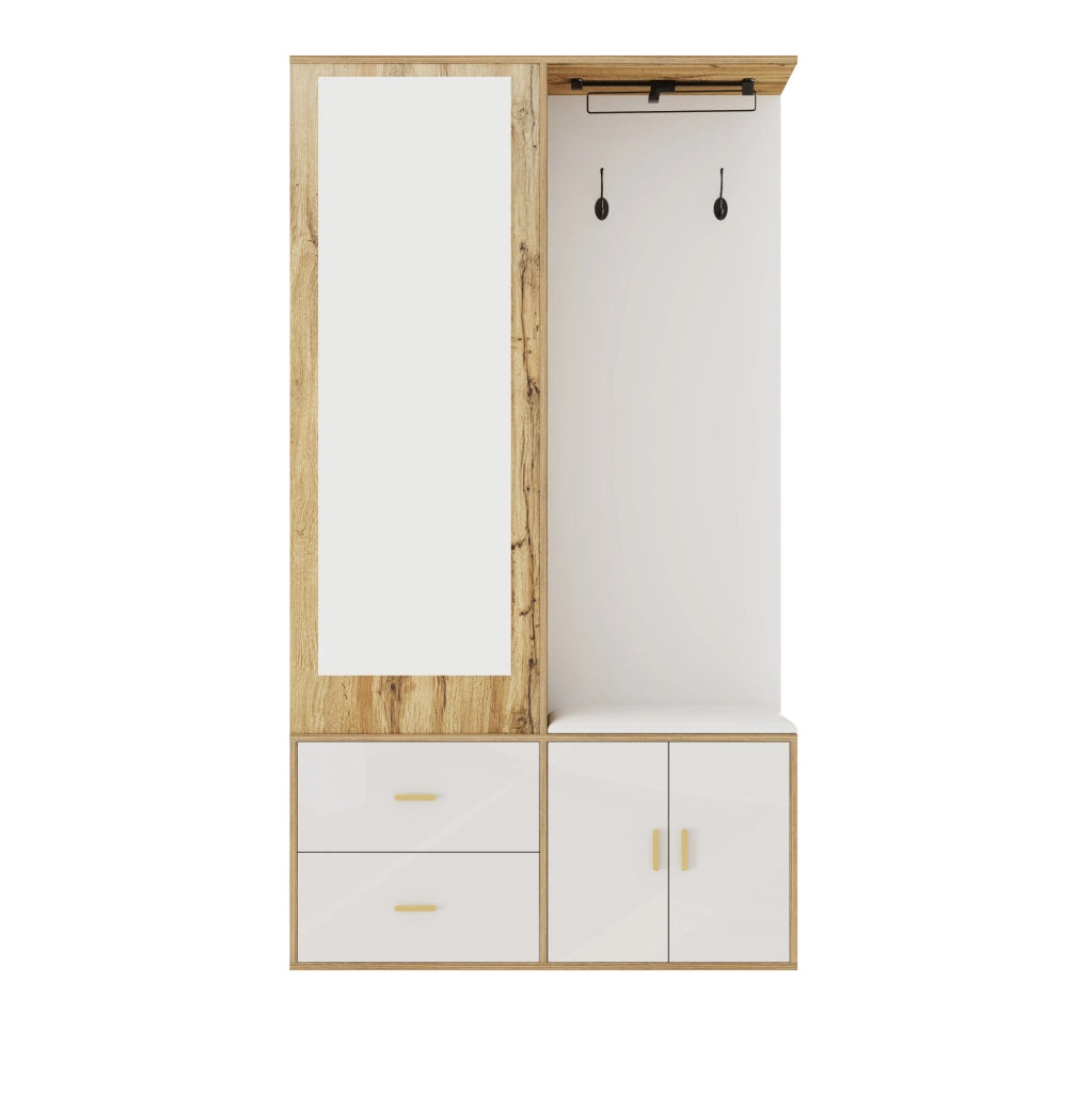 Guardaroba da ingresso 100x38x180 cm con specchio; panca e scarpiera bianco e naturale