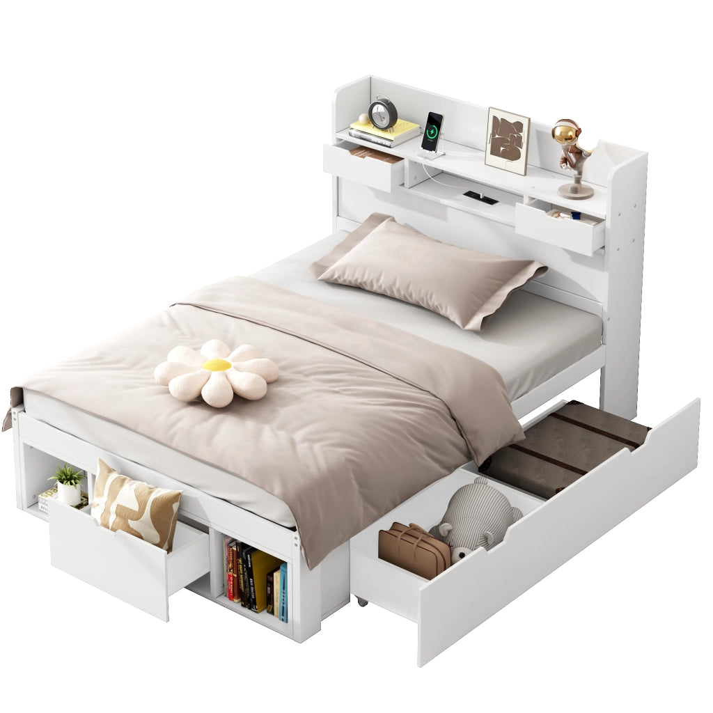 Letto singolo 90x190 cm per bambini e ragazzi con porta USB; cassetto e ampio vano portaoggetti; bianco