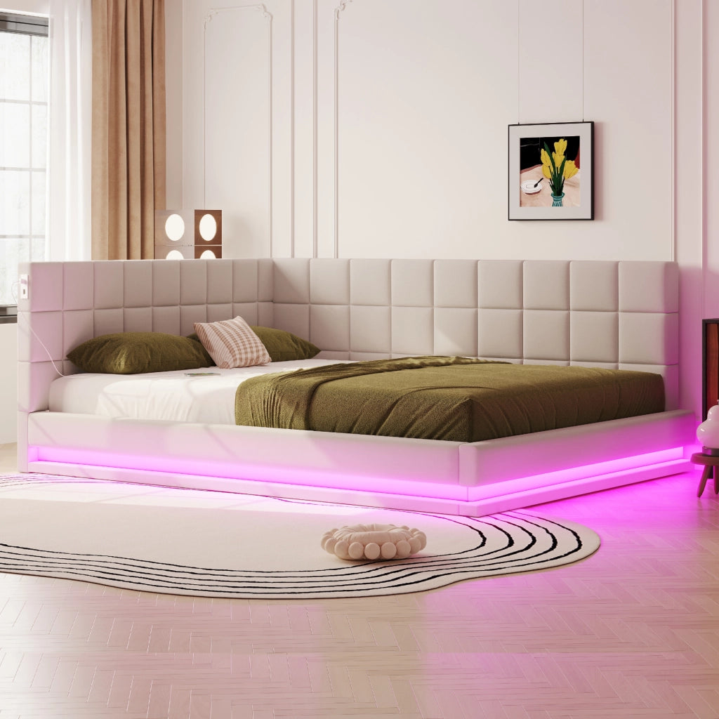 DIVANO LETTO 160x200 cm in tessuto beige con LED e porta USB