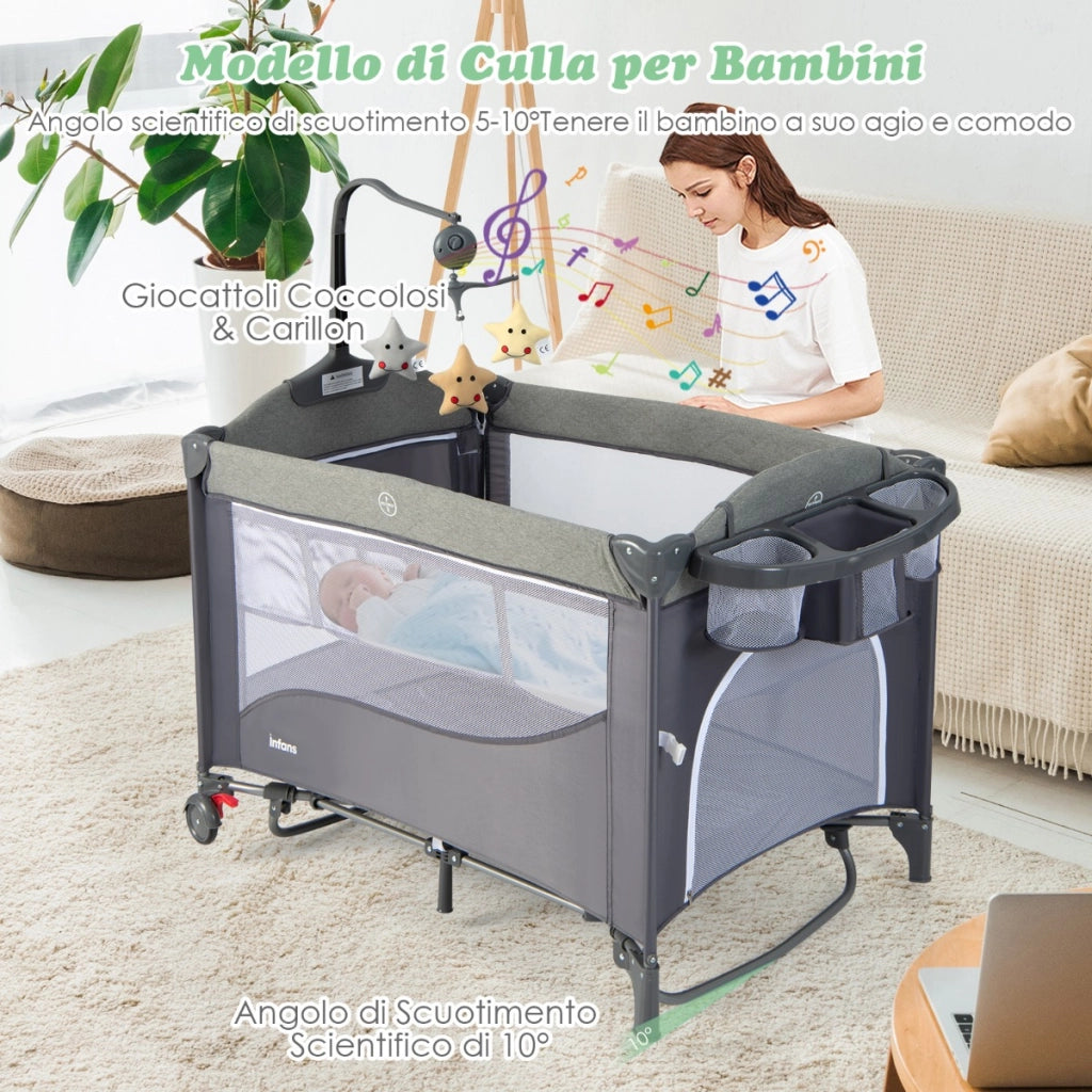 Culla 5-in-1 con materasso cambio pannolini carillon e giocattoli appesi, Dondolo portatile per neonati Blu scuro-Culle