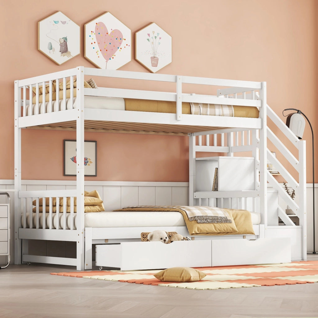 DESMIU Letto a castello 90 × 200 cm 2 posti con letto estraibile, 2 cassetti, senza materasso, in legno bianco