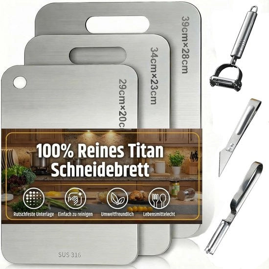 Set di taglieri 3 pezzi - Tagliere in titanio - Piastra antiscivolo in silicone - Doppia faccia - Acciaio inossidabile - Ideale per cucina e esterno - Taglieri