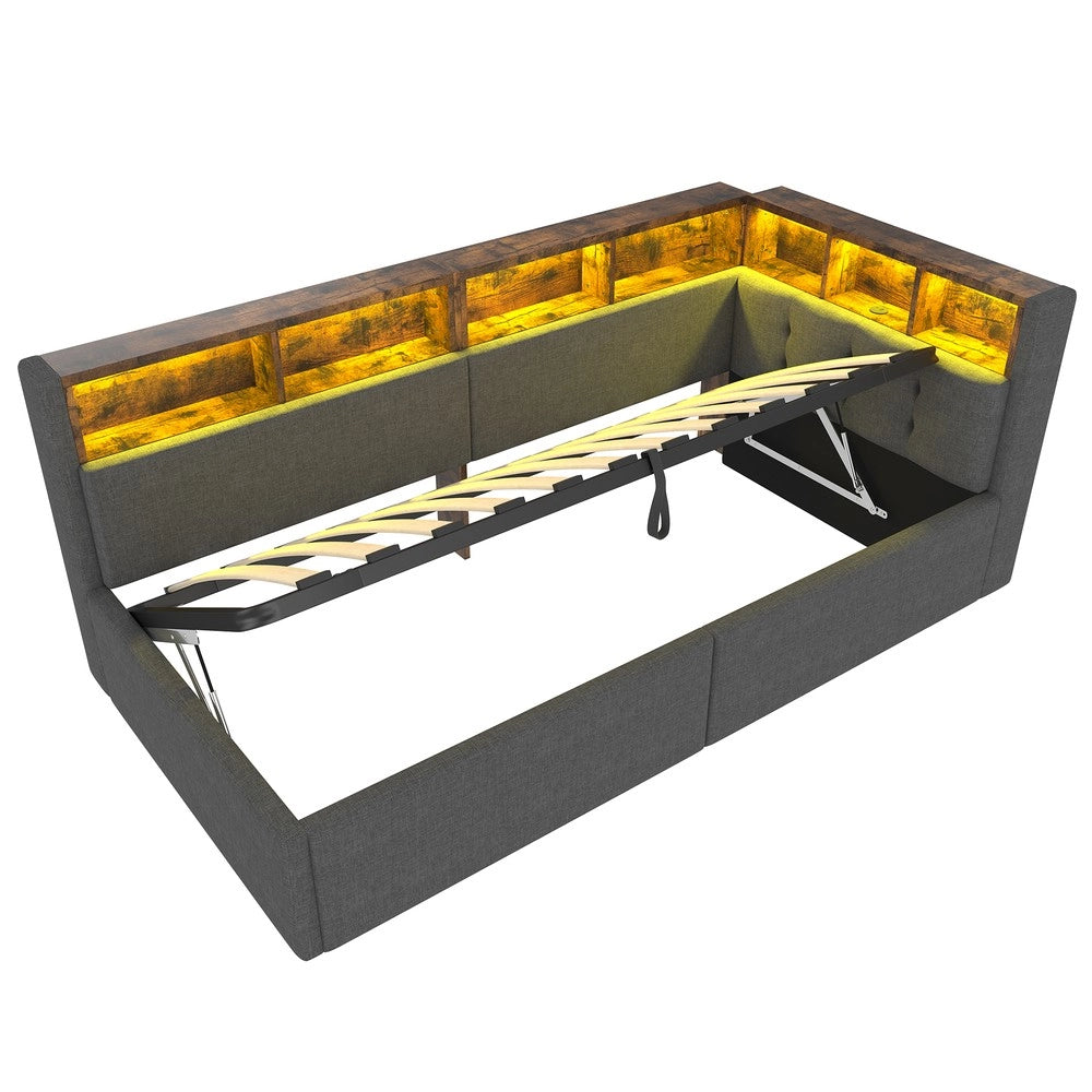 Letto Diurno con Contenitore e LED ¨C Xylo ¨C Tessuto Grigio 90x200 cm