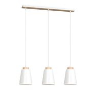 Lampadario 3 Luci Lancillotto Con Paralumi A Cono In Acciaio Bianco E Legno Naturale