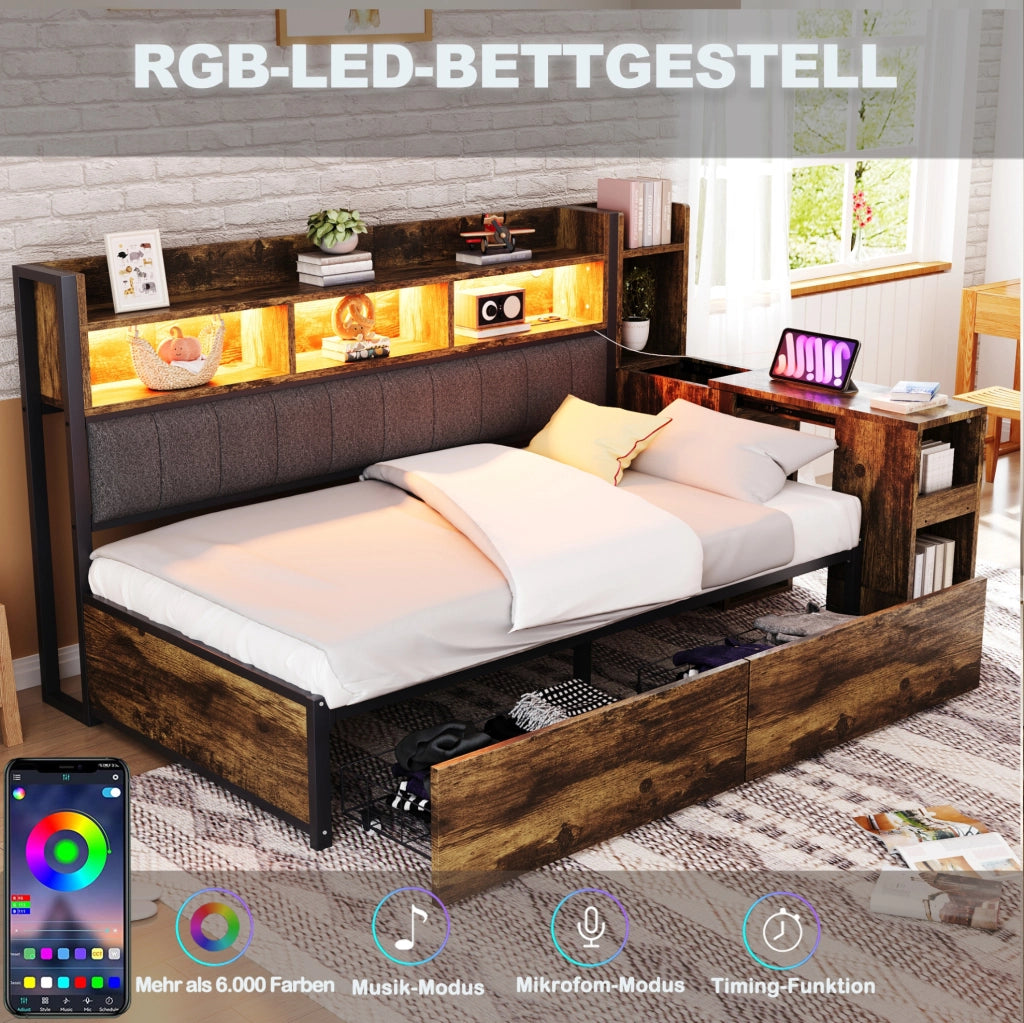 Letto singolo multifunzione 90x200 cm in metallo e legno; color legno naturale; con scrivania e vani contenitore
