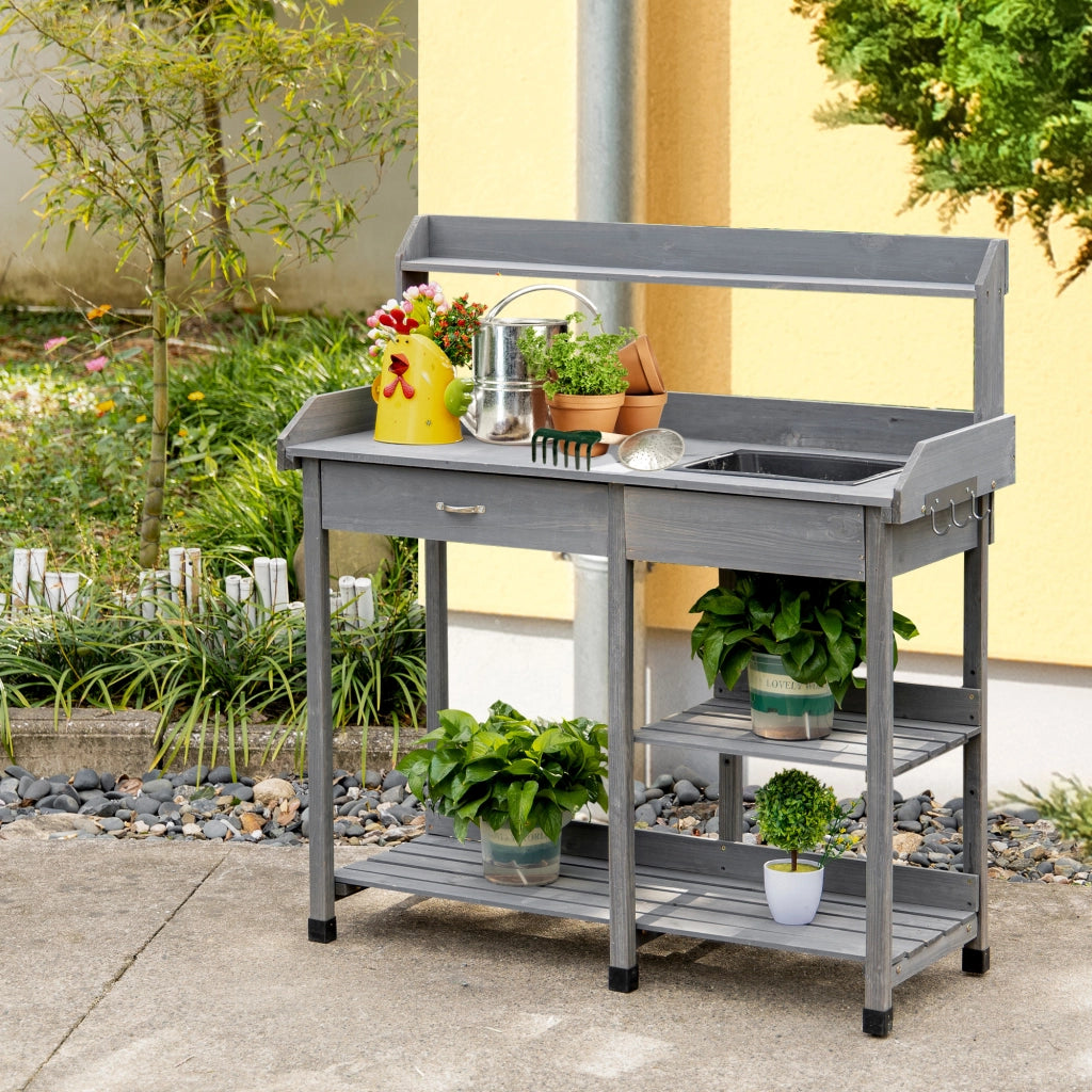 Tavolo da giardino per piante ¨C Xylo ¨C legno di pino grigio con cassetto, 3 ripiani, lavello