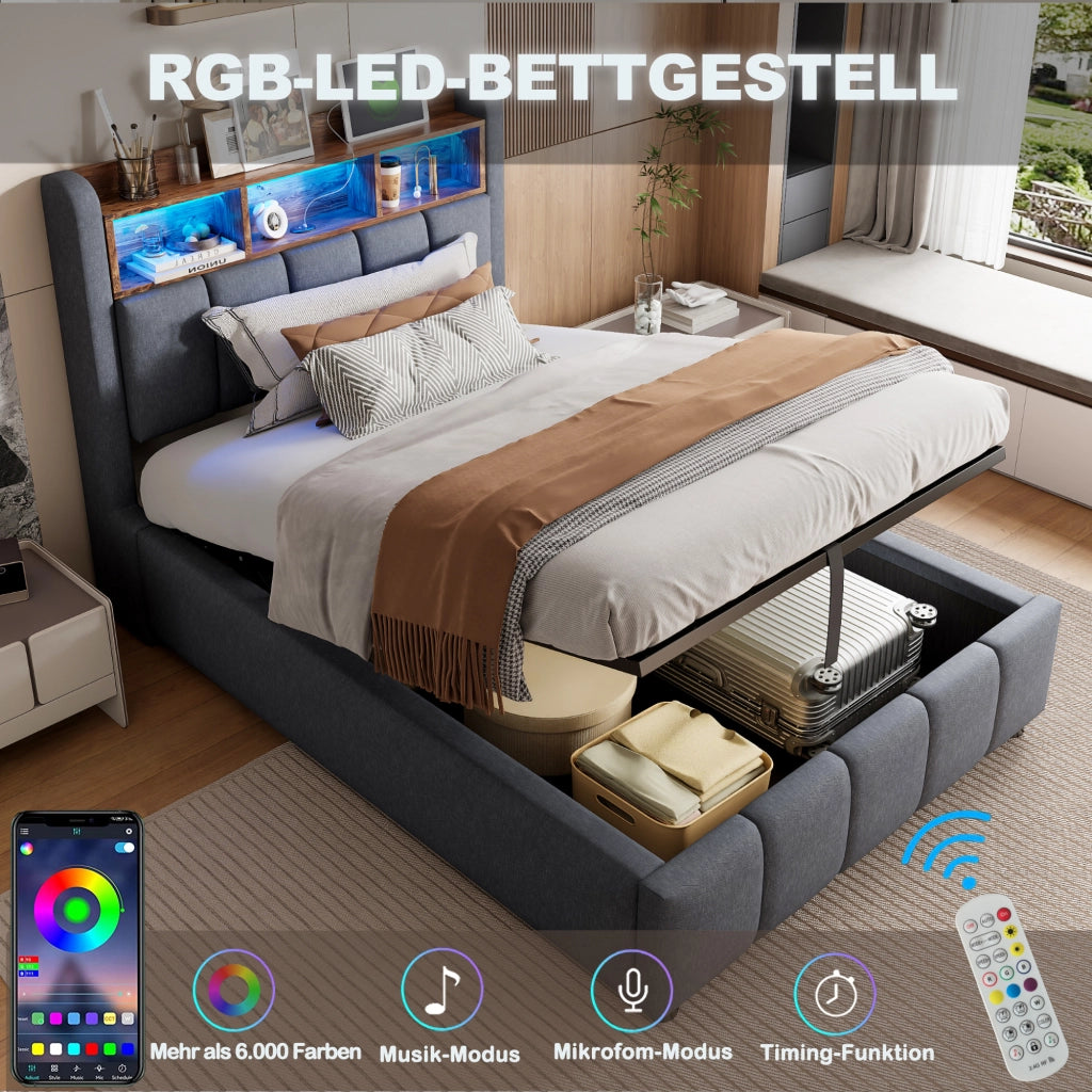 LETTO imbottito 90x200 cm Grigio con LED, USB e vano contenitore