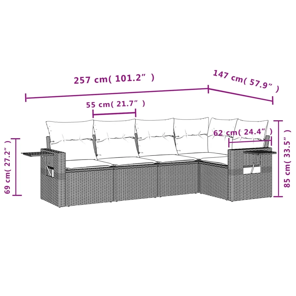 Set Divano da Giardino 5 pz con Cuscini Marrone in Polyrattan