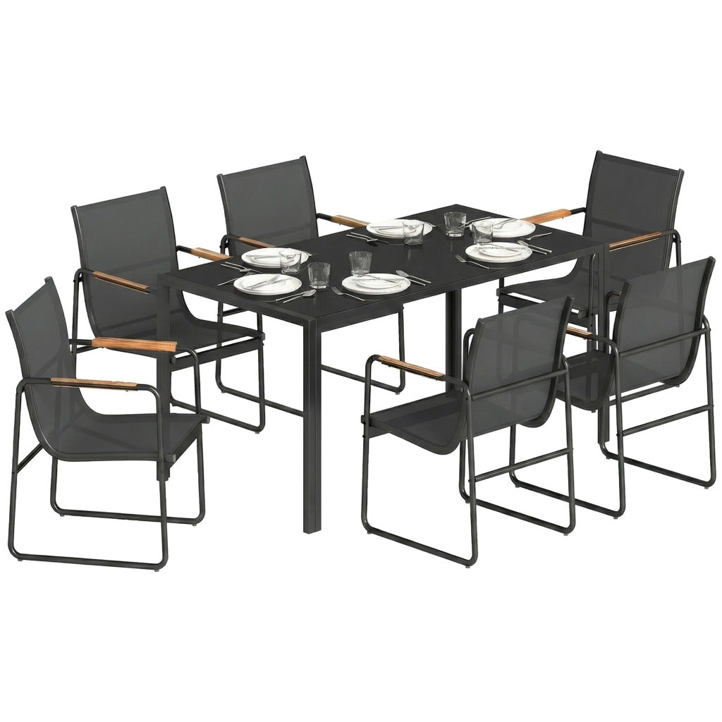 Set Pranzo Giardino 7 Pezzi 6 Persone ¨C Xylo ¨C Tavolo Vetro Sedie Acciaio Nero
