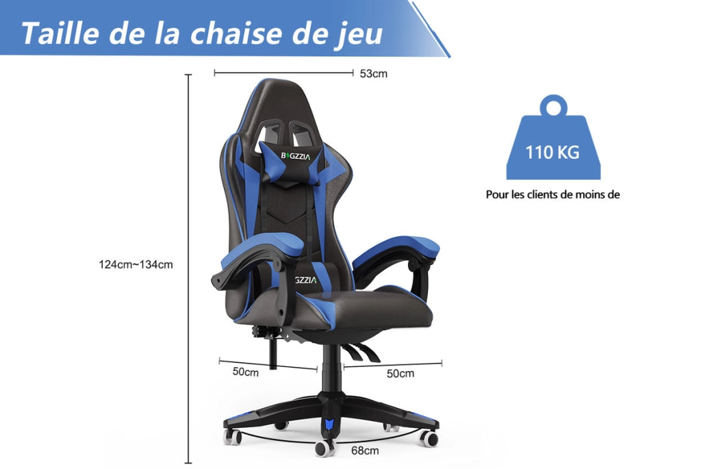 Sedia da gioco,  Sedia da gioco ergonomica, altezza regolabile, schienale reclinabile, braccioli e poggiatesta, nero e blu