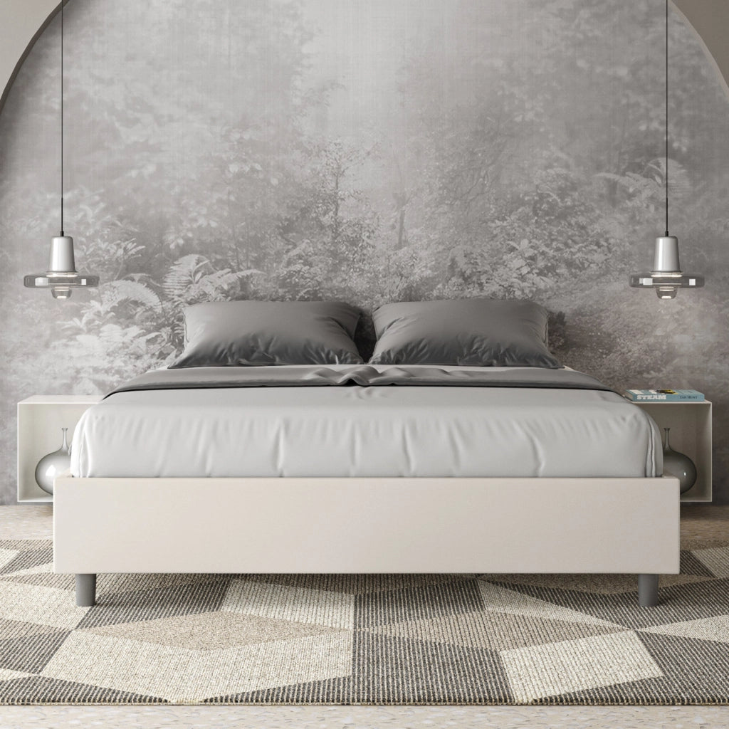 BS COM Letto matrimoniale francese con rete imbottito 140x210 similpelle bianco