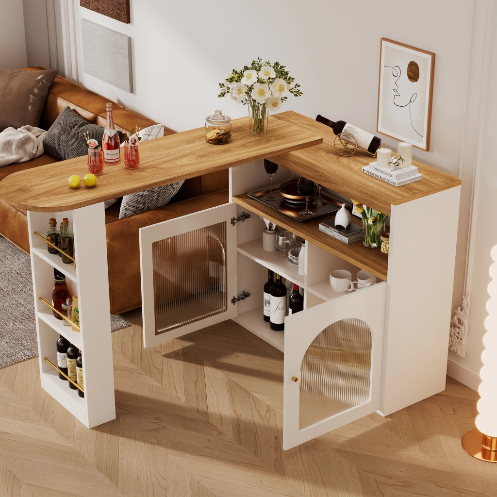 Bar tavolo allungabile girevole con LED e vano contenitore, bianco, 138-193 x 39 x 105 cm