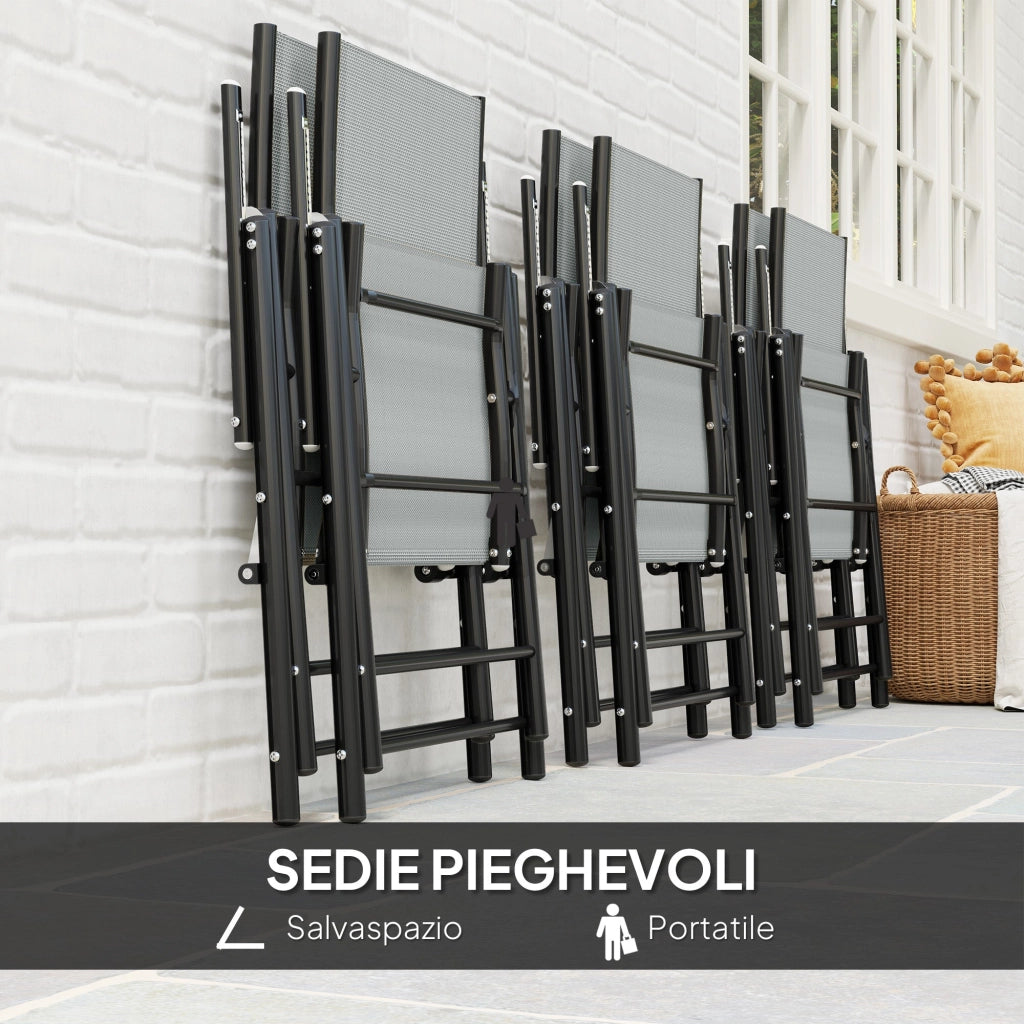 Set Salotto da Giardino 7 Pezzi con Tavolo da Pranzo con Foro per Ombrellone e 6 Sedie Pieghevoli Grigio