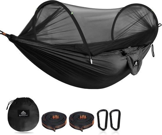 Hangmat per camping ultralight con rete insetticida - 300 kg di carico - nylon parachutistico respirabile e rapidamente asciutto - inclusa cinghia di lancio premium e sospensori in nylon.