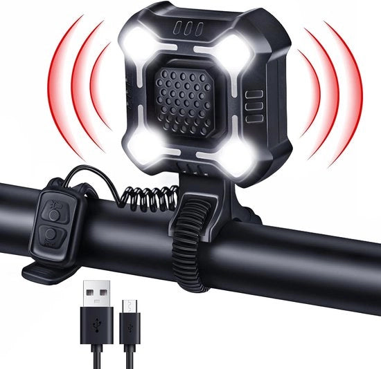 Faro e Clacson 2 in 1 per Bicicletta + Lampada Anteriore – 6 Modalità di Suono – Collegamento USB-C – IPX6 Resistente all'Acqua – Per Bicicletta Step Ebike