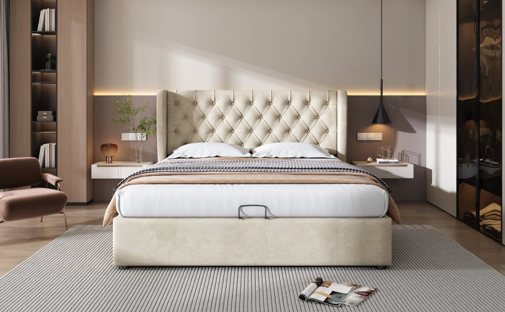 DESMIU Letto contenitore 2 posti con vano idraulico, 160 × 200 cm, senza materasso, in velluto beige