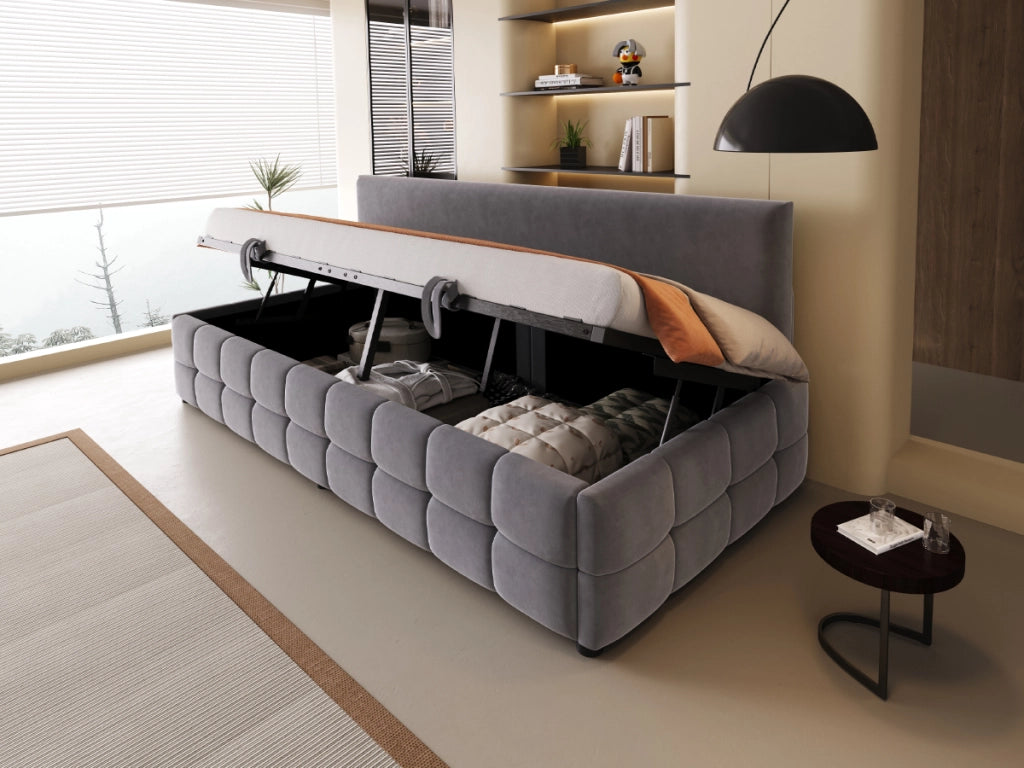 DESMIU Letto divano 1 posto 90 × 200 cm con vano contenitore idraulico e schienale, senza materasso, in velluto grigio