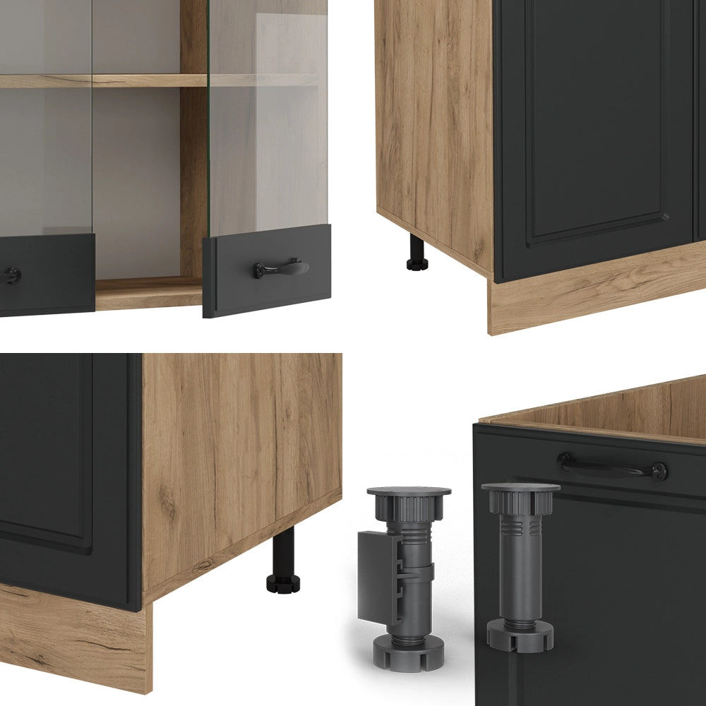 Cucina componibile R-Line Antracite rustico/Rovere dorato 300 cm con armadio alto, PL Rovere Vicco