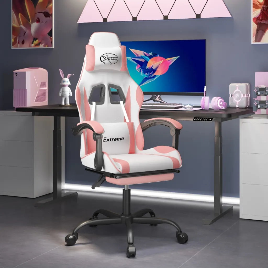 Sedia da Gaming | Sedia da e-sports Girevole Poggiapiedi Bianca e Rosa Similpelle