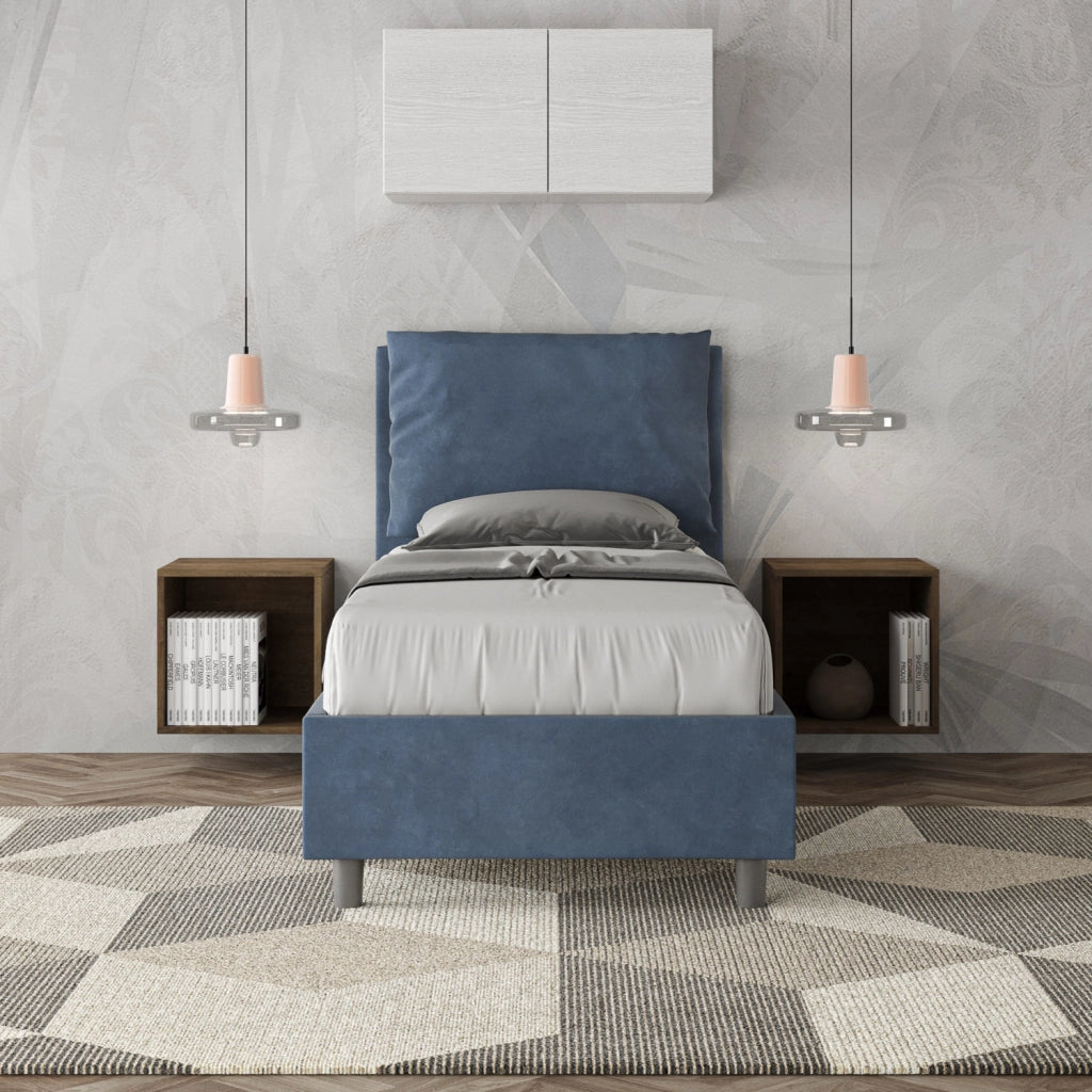 BS COM Letto singolo senza rete imbottito 90x190 microfibra blu