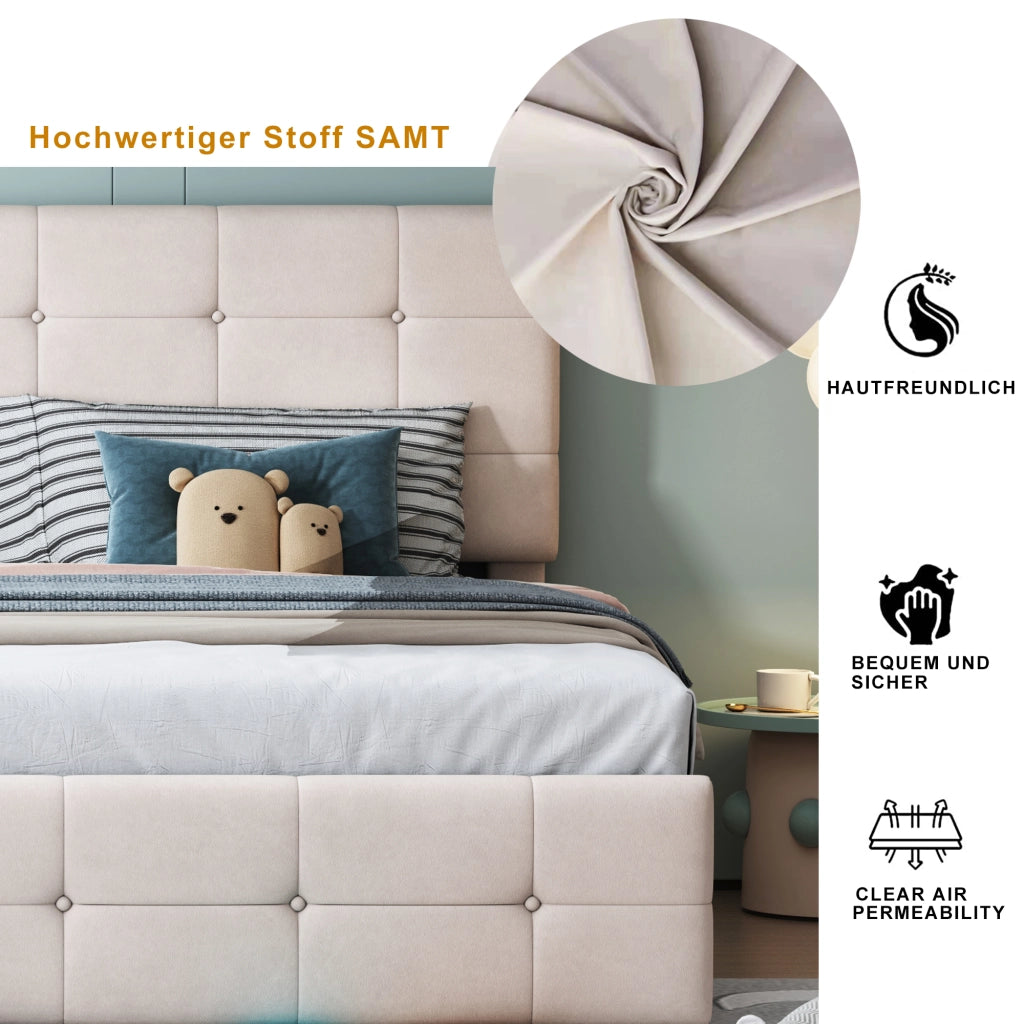 Letto imbottito matrimoniale 180×200 cm con contenitore idraulico; testiera regolabile; senza materasso; beige