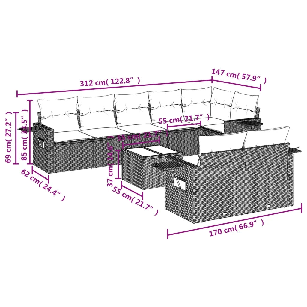 Set Divani da Giardino 9 pz con Cuscini Nero in Polyrattan