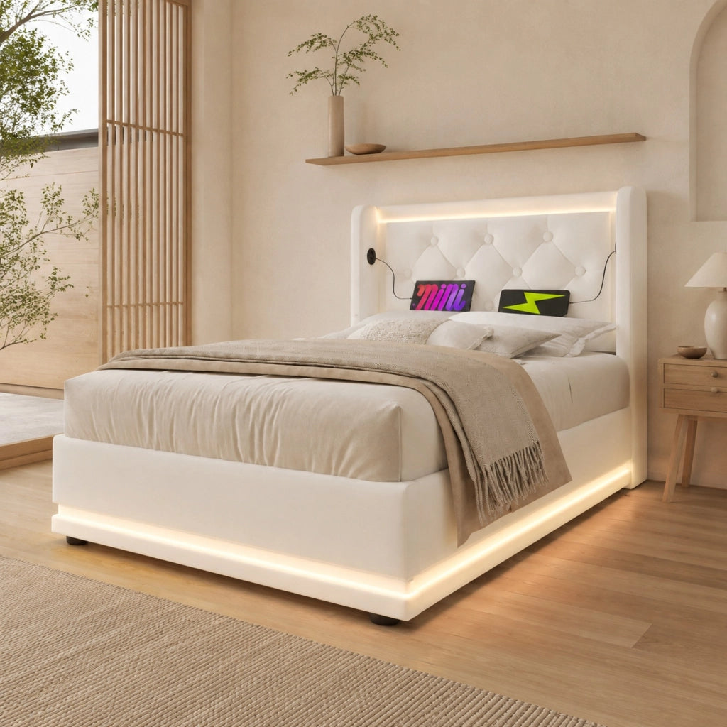 Letto singolo imbottito 90x200 cm in PU bianco con contenitore; LED e USB Type-C