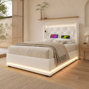 Letto singolo imbottito 90x200 cm in PU bianco con contenitore; LED e USB Type-C