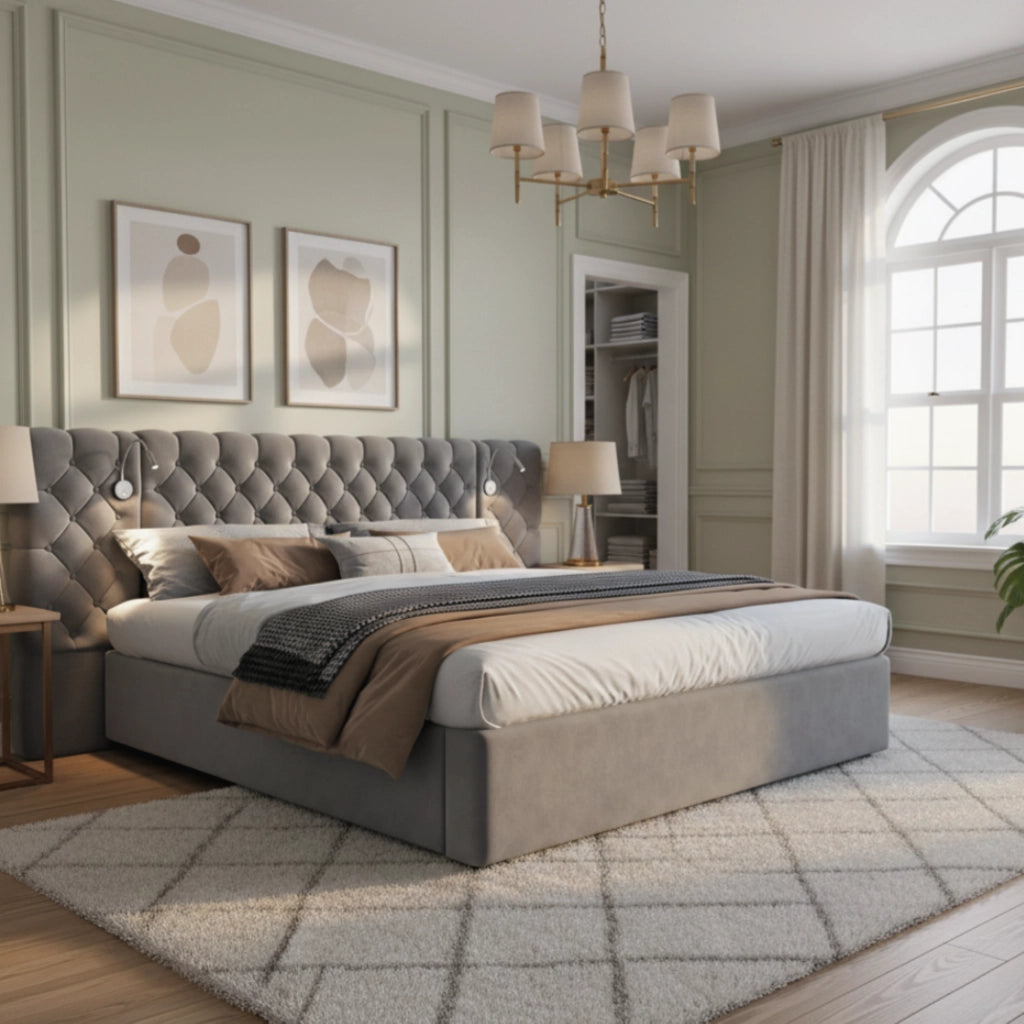 DESMIU Letto con contenitore 180 × 200 cm 2 posti con luce da lettura, vano idraulico e senza materasso, in velluto grigio