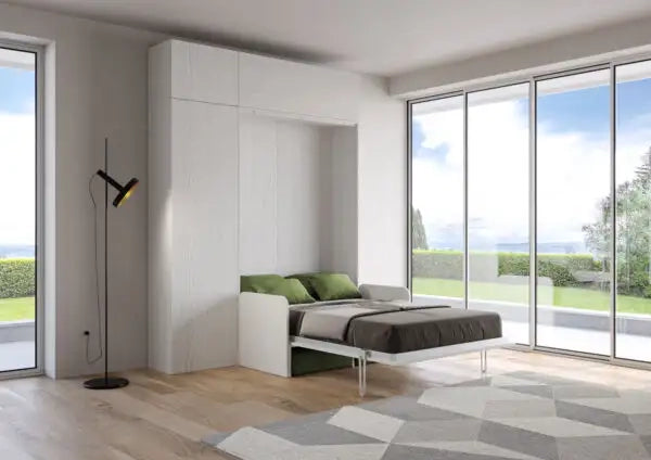Letto matrimoniale francese a scomparsa 140 Kentaro con divano e mobili bianco frassino, verde