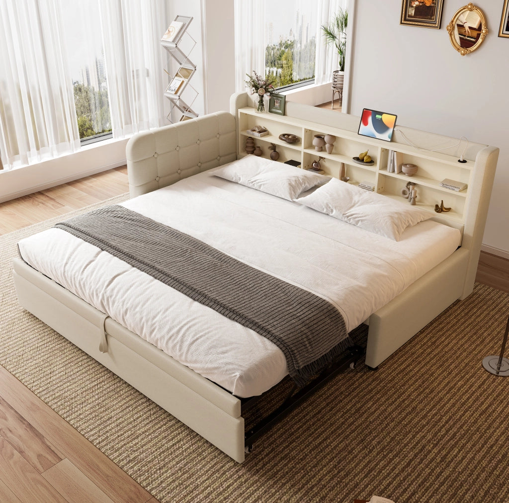 Letto 90x200 cm estraibile con USB e Tipo C; lino beige