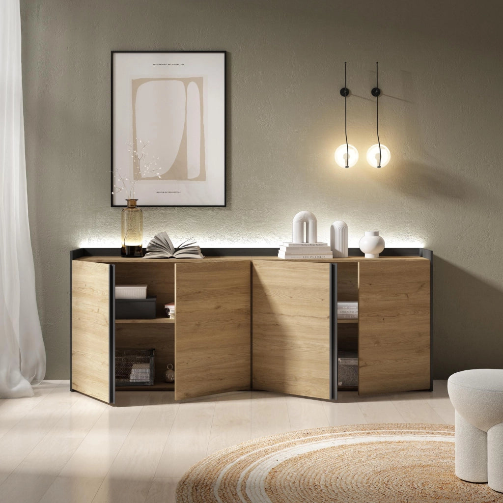 Credenza, Mobile, Cucina, 207x80x35 cm, 4 Porte, LED, Rovere e nero
