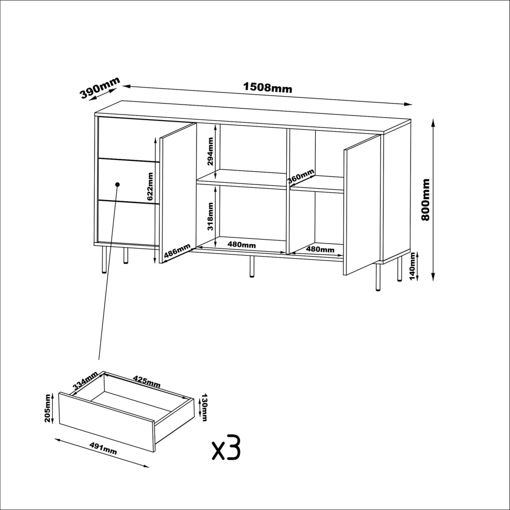 Madia Civezza, Credenza 3 Cassetti, 150x39x80h cm Beige