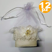 Trade Shop - Set Bomboniera Bomboniere Sacchetto In Organza Bianco Pizzo Fiore Porta Confetti -