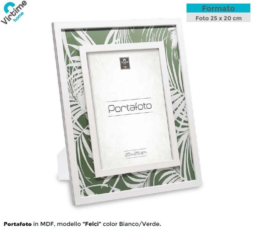 Cornice Portafoto in Legno MDF da Appoggio Bianco e Verde Felci 20 x 25 cm