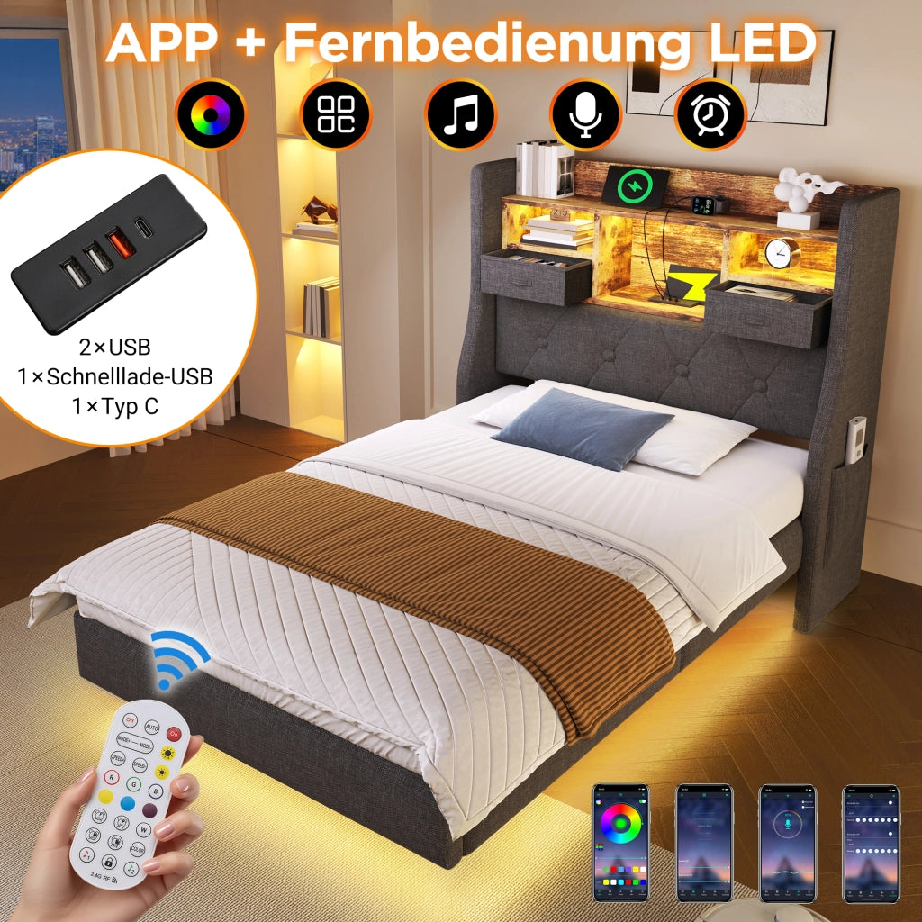LETTO 140x200 cm in lino grigio con LED e porte USB Type-C