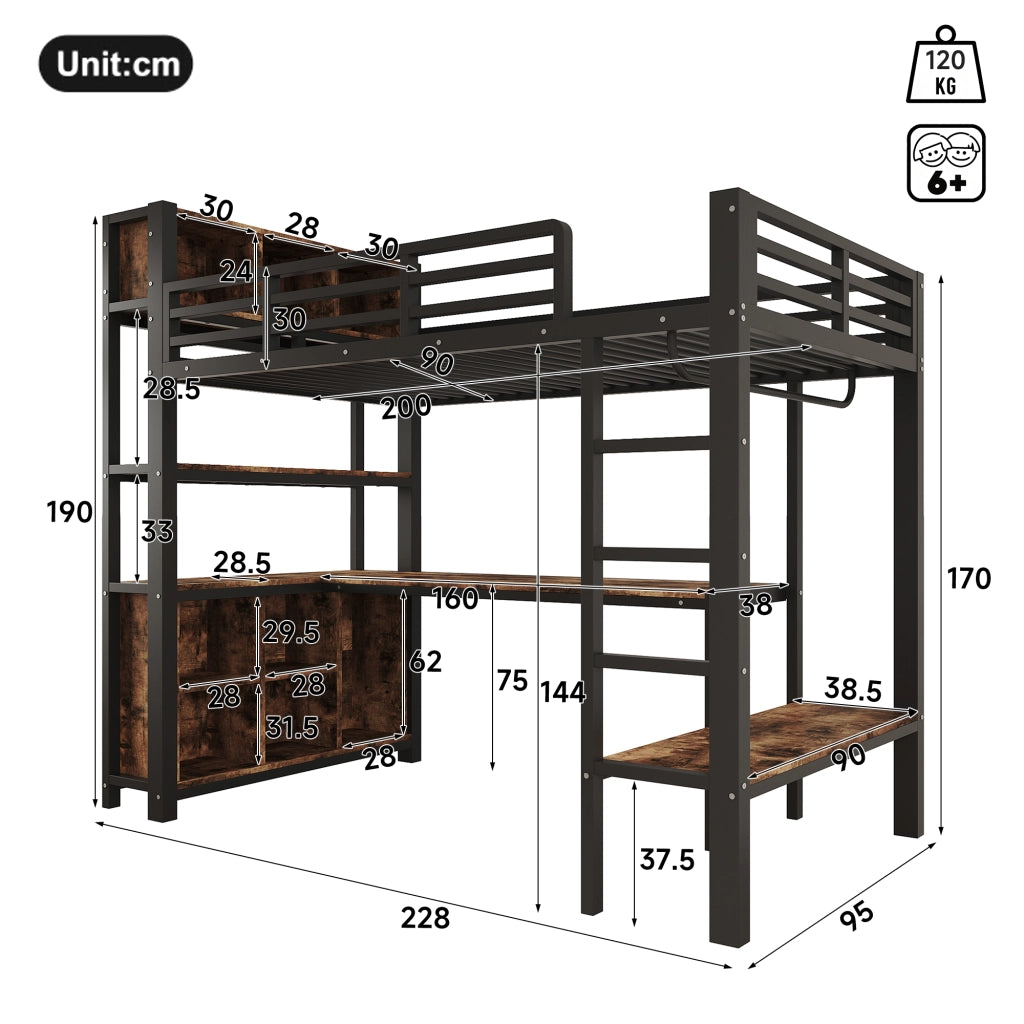 letto a castello mdf metallo nero 90 x 200 cm