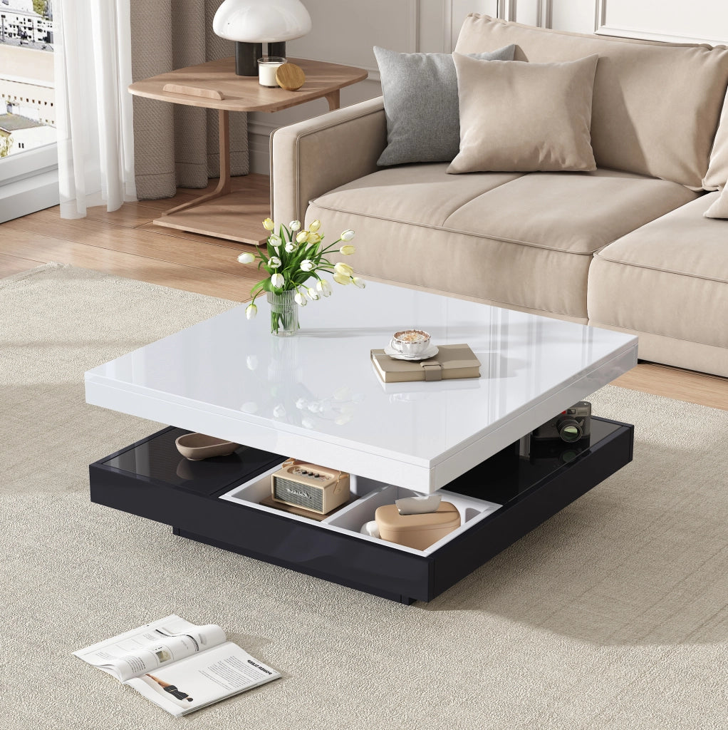 Tavolino da salotto girevole 360° 70x70x36 cm in truciolare bianco e nero; con vano portaoggetti