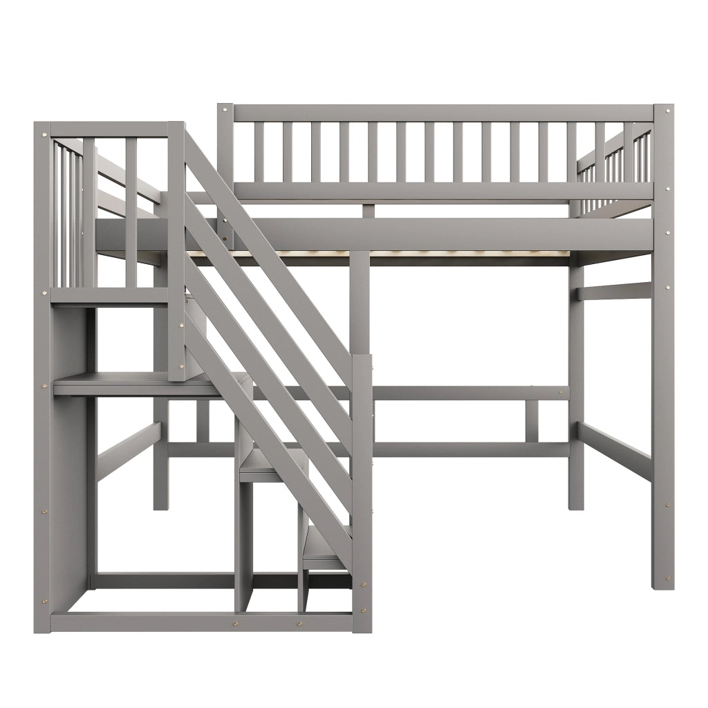 Letto a soppalco in legno massello con scala contenitore e recinzione alta; grigio; 140x200 cm; senza materasso