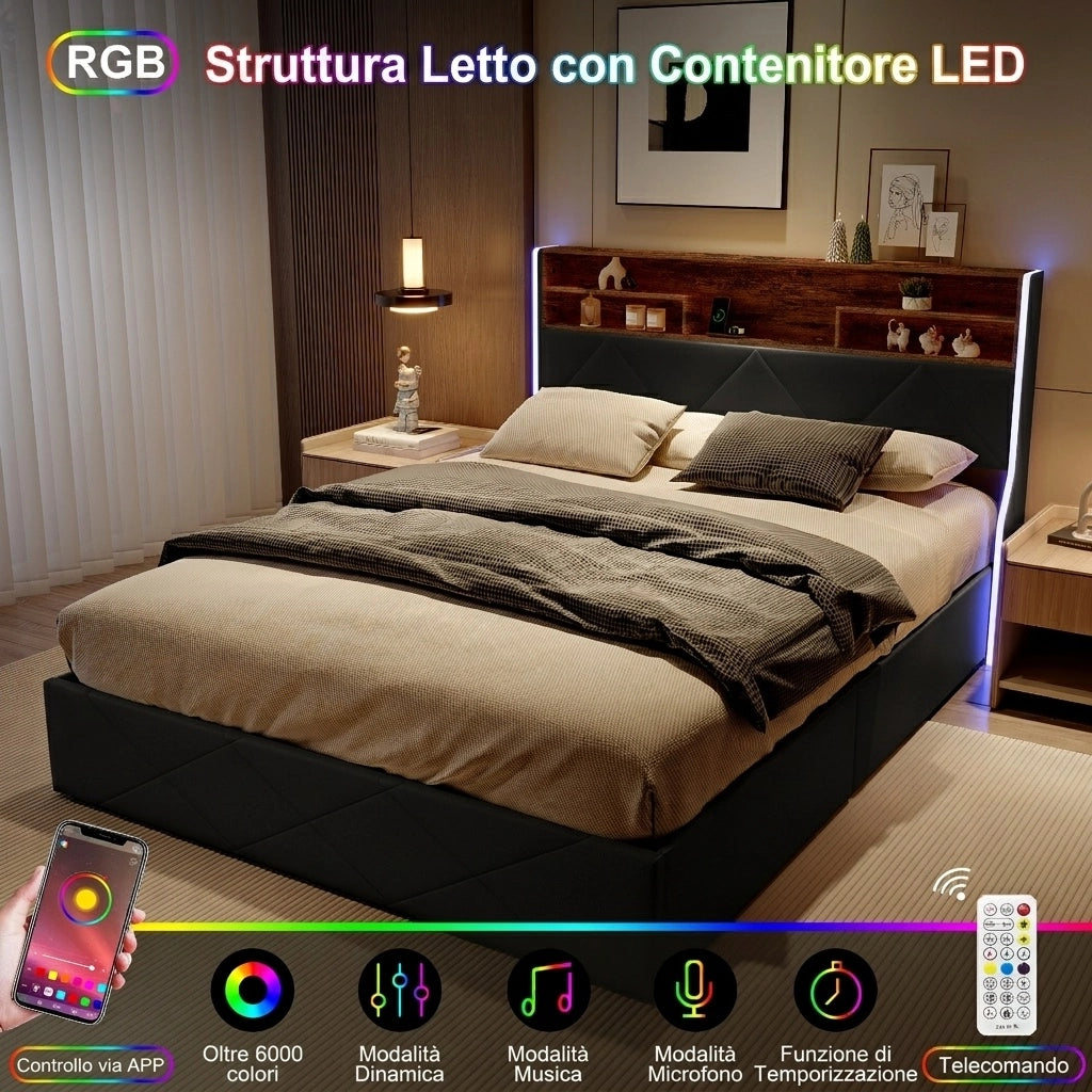 Letto matrimoniale 140x200 cm con contenitore LED USB Type-C testiera rete a doghe struttura letto metallo legno PU - nero