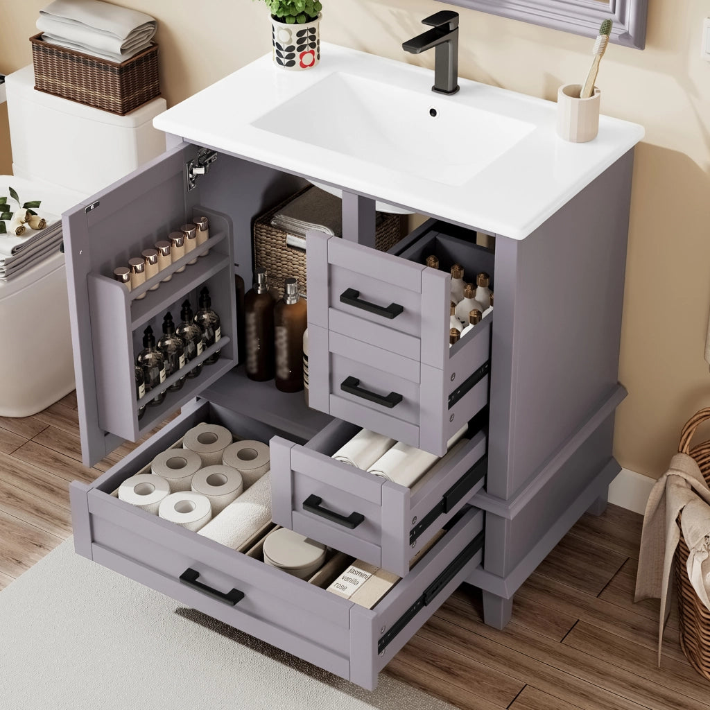 Mobile Bagno con Lavabo Integrato ¨C MINIMAL ¨C Grigio, 76x46x83.5 cm, 3 Cassetti, Ceramica