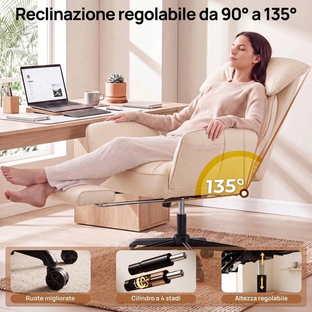 Sedia da ufficio ergonomica - Con corrimano e poggiapiedi - Con braccioli regolabili - Schienale regolabile - Beige
