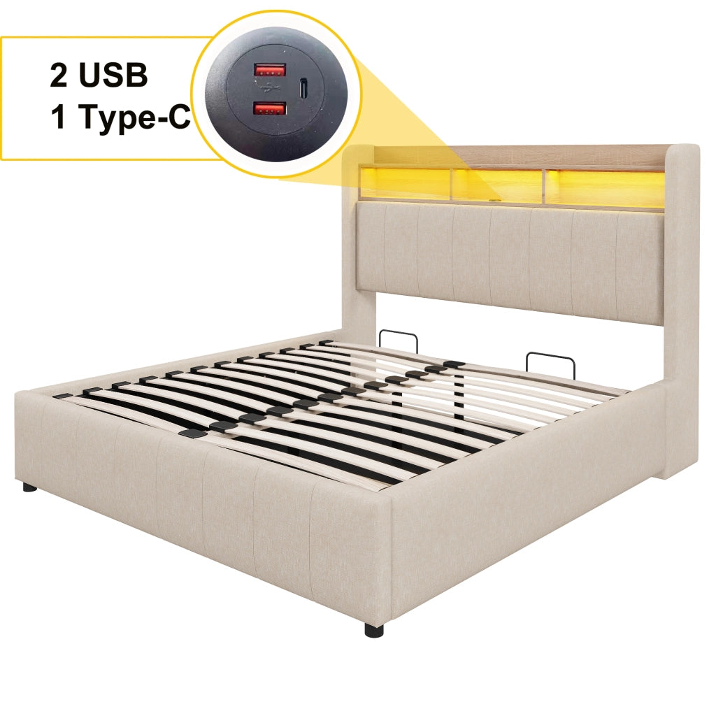 LETTO imbottito 140x200 cm Beige con LED, USB, porta Type-C e contenitore idraulico