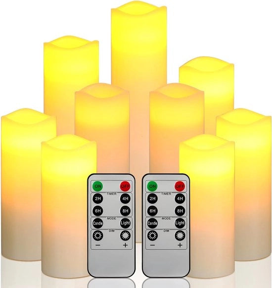 Set di candele LED con fiamma mobile - 9 pezzi - Inclusa la regolazione a distanza - Funzionamento a batterie - Lampade da tavolo - Timer - Candele a cera - Luce calda bianca - Bianco