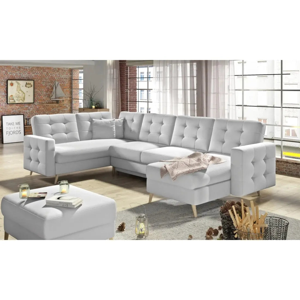 Divano angolare panoramico convertibile HASGARD U 326 cm bianco alpino con contenitore